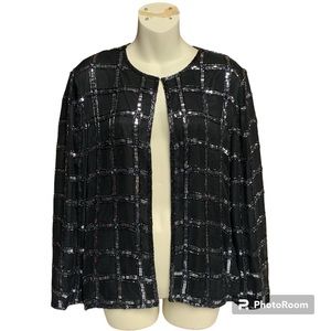 Scala Black Sequin Grid Open Front Jacket EUC